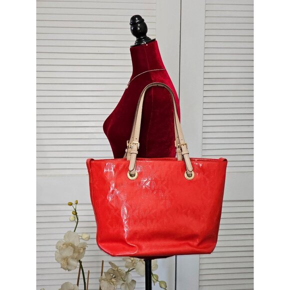 Michael Kors Women's Red Leather Jet Set Mirror Metallic Patent Tote Large 1794 - Picture 15 of 16